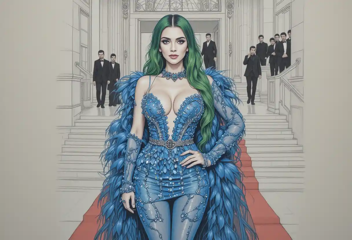 Glamorous woman with green hair in blue feather dress
