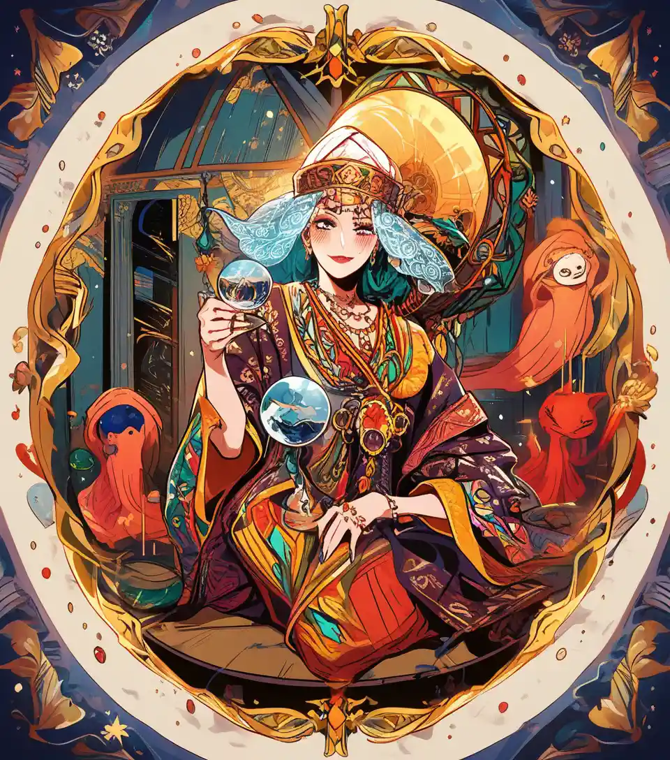 Whimsical Elderly Fortune Teller In A Dim Mystic Booth
