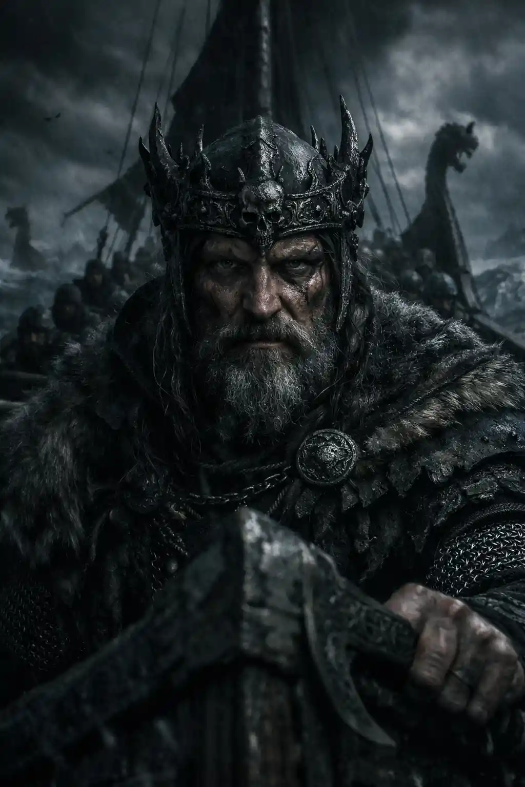 Viking king at the bow of a ship in stormy seas