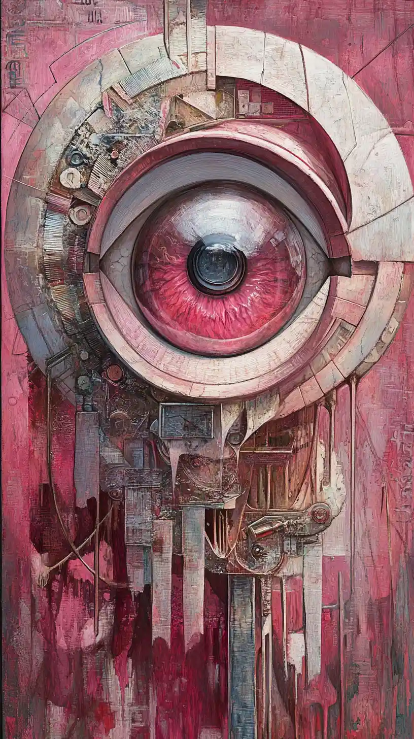Surreal mixed media painting with large eyes and illusions