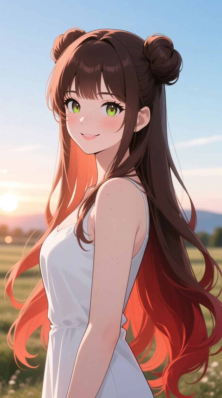 Anime girl standing at sunrise in a serene landscape