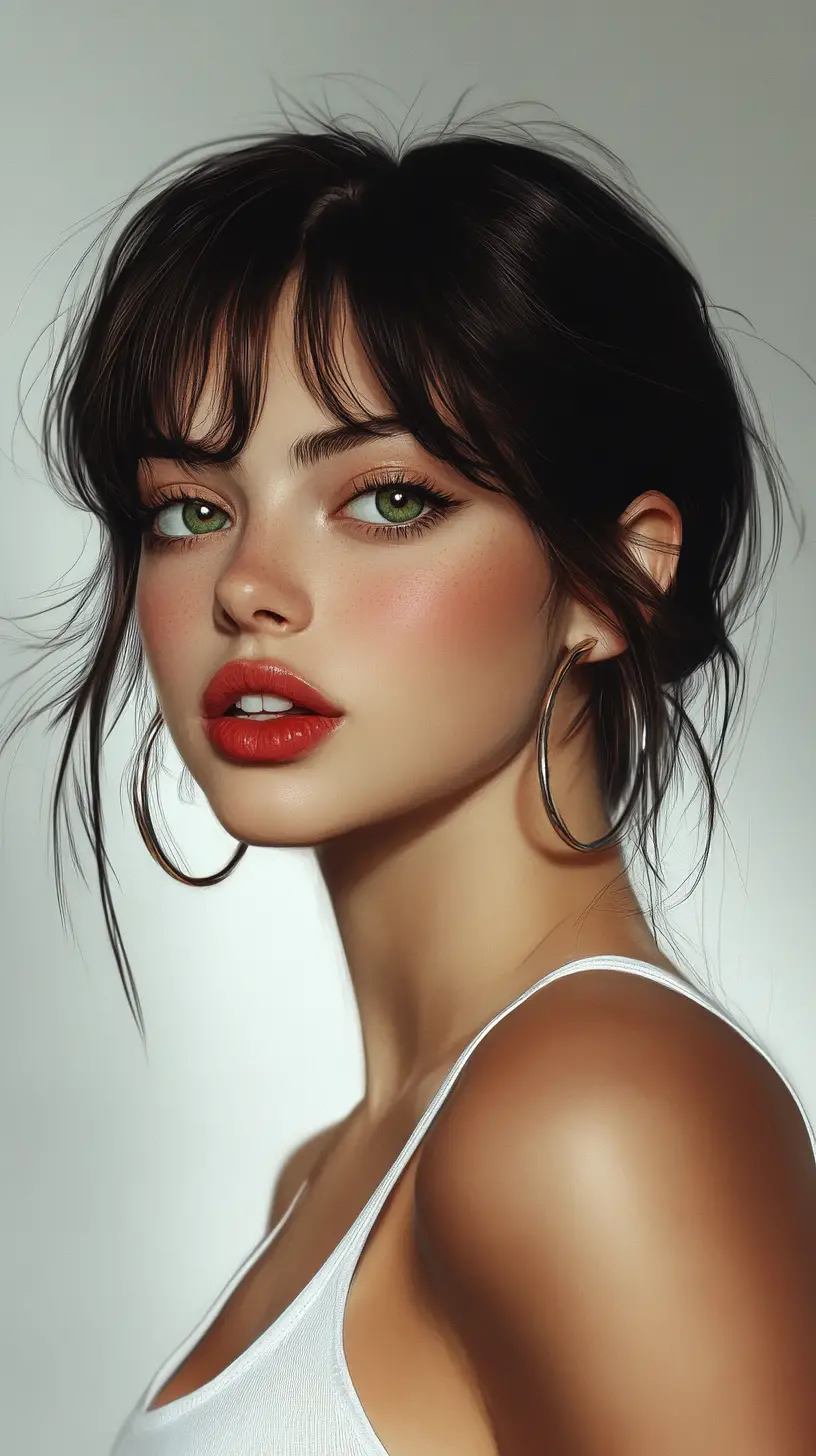 Flirty winking girl with red lips and green eyes