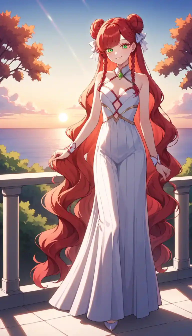 Anime girl standing at sunrise in vibrant outdoor scene