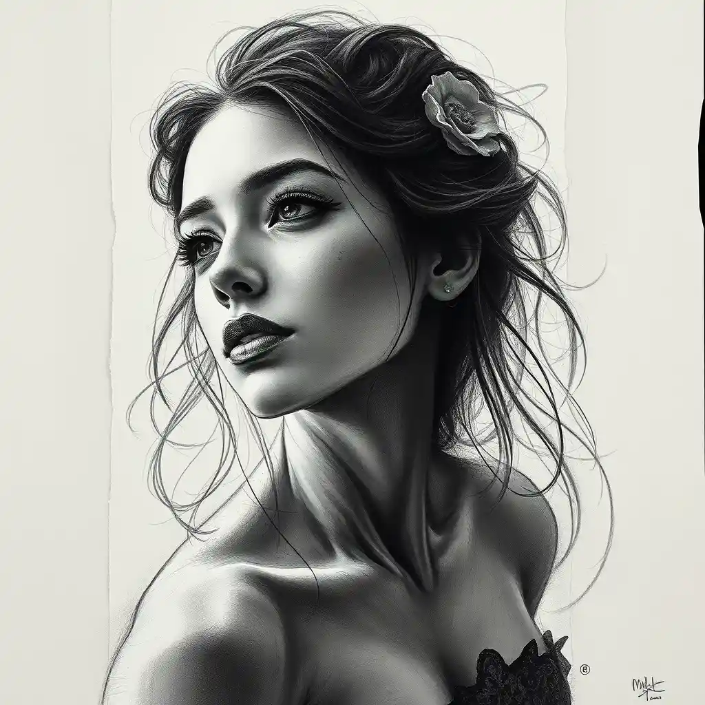 Charcoal mermaid portrait blending into vivid reality