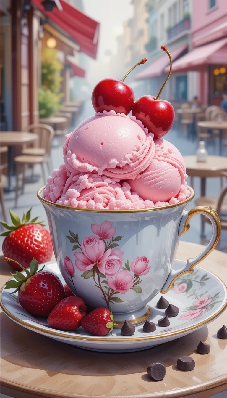 花柄のティーカップに入ったピンクのアイスクリームの油絵
