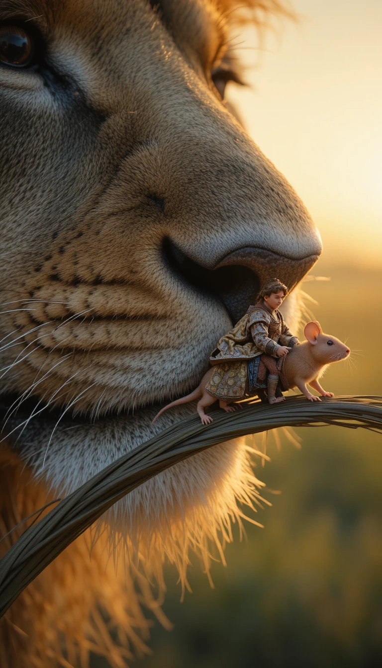 Tiny medieval mouse touching a giant lion nose