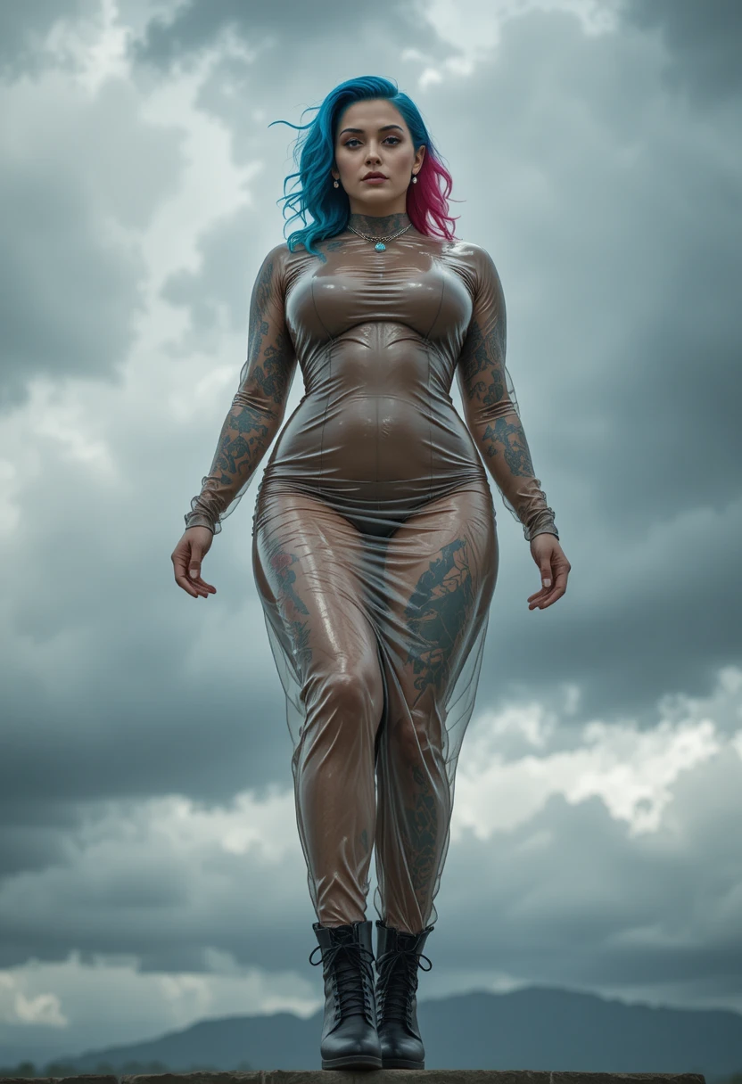 Mujer tatuada con vestido de látex transparente bajo cielo nublado