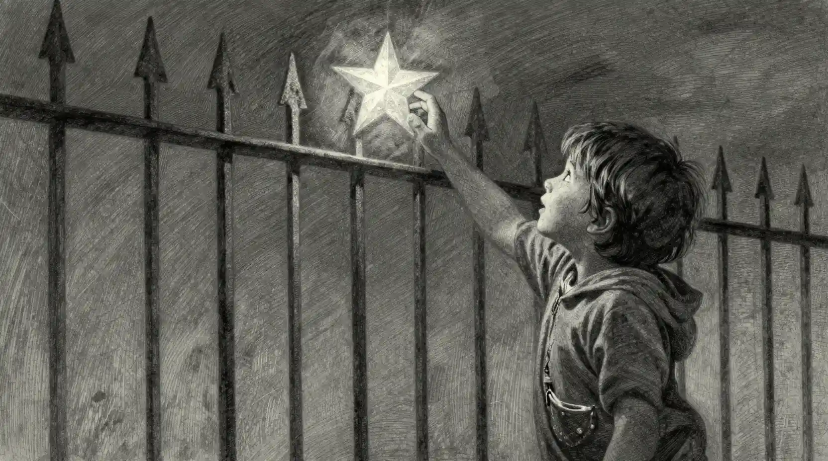 Boy reaching for a distant star beyond an iron fence