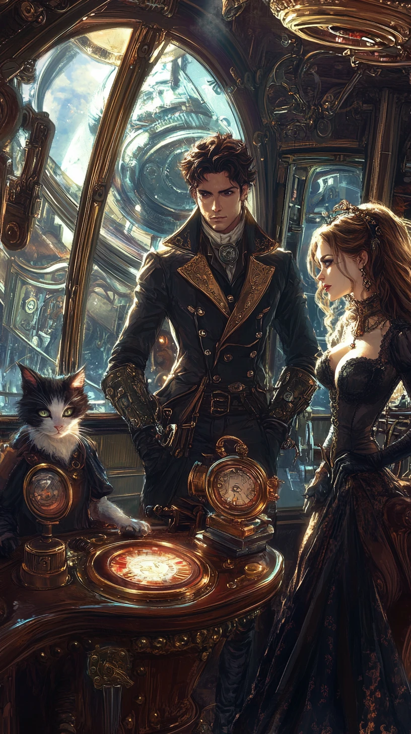 Steampunk airship bridge with crew and playful cat