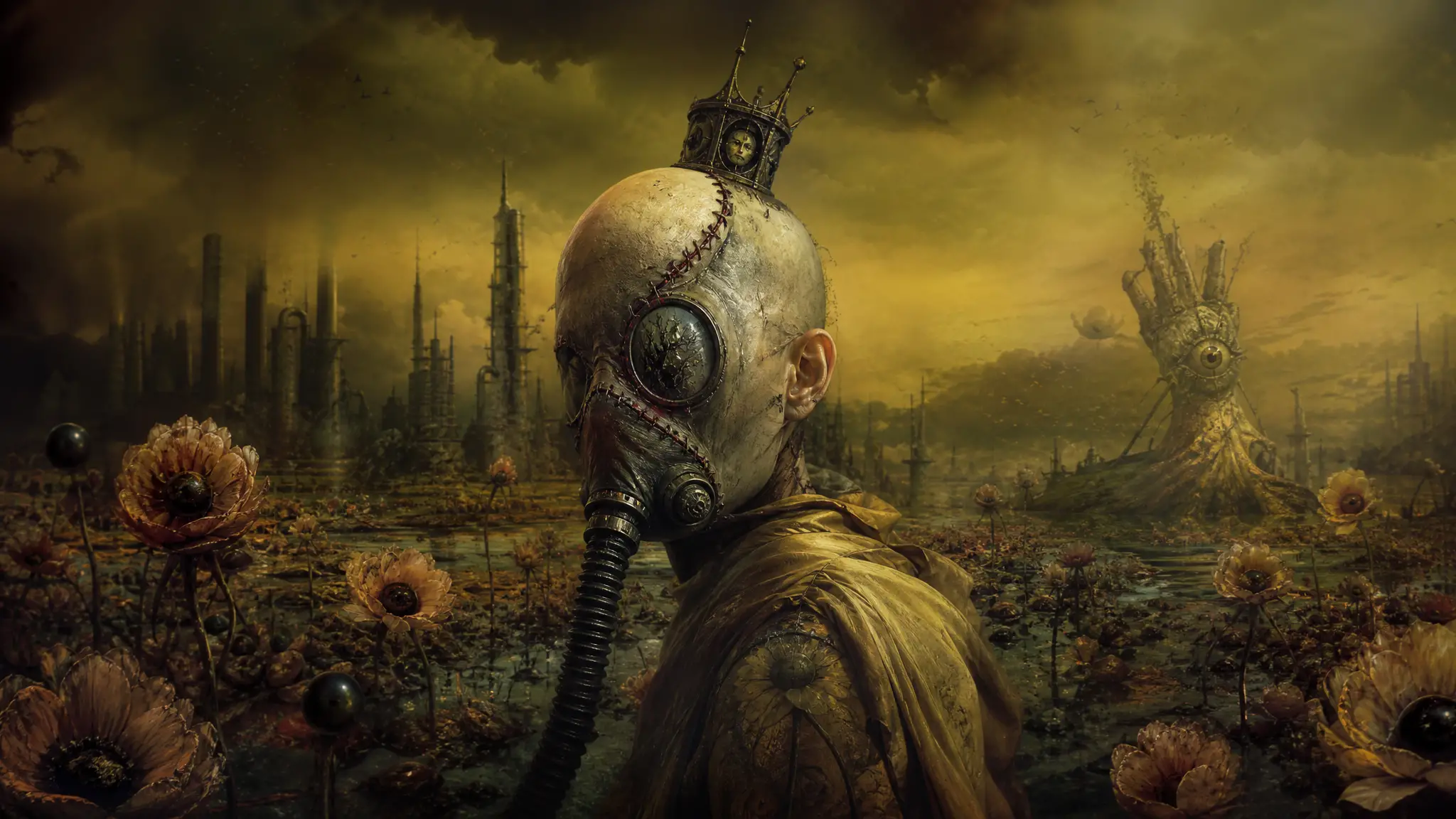 Surreal humanoid in a toxic dystopian landscape