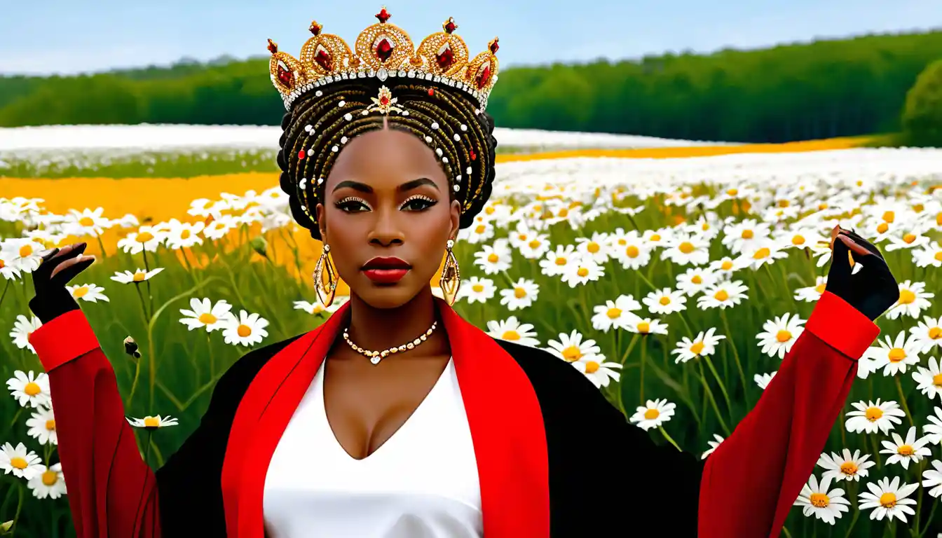 African American queen in a daisy field wearing jeweled crown