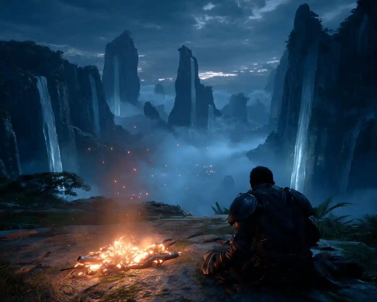 Weary knight by campfire beneath floating islands at night