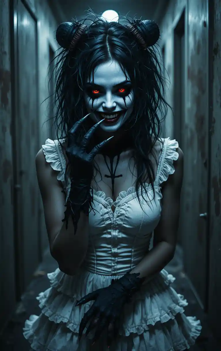 Creepy woman with red eyes in a shadowy hallway