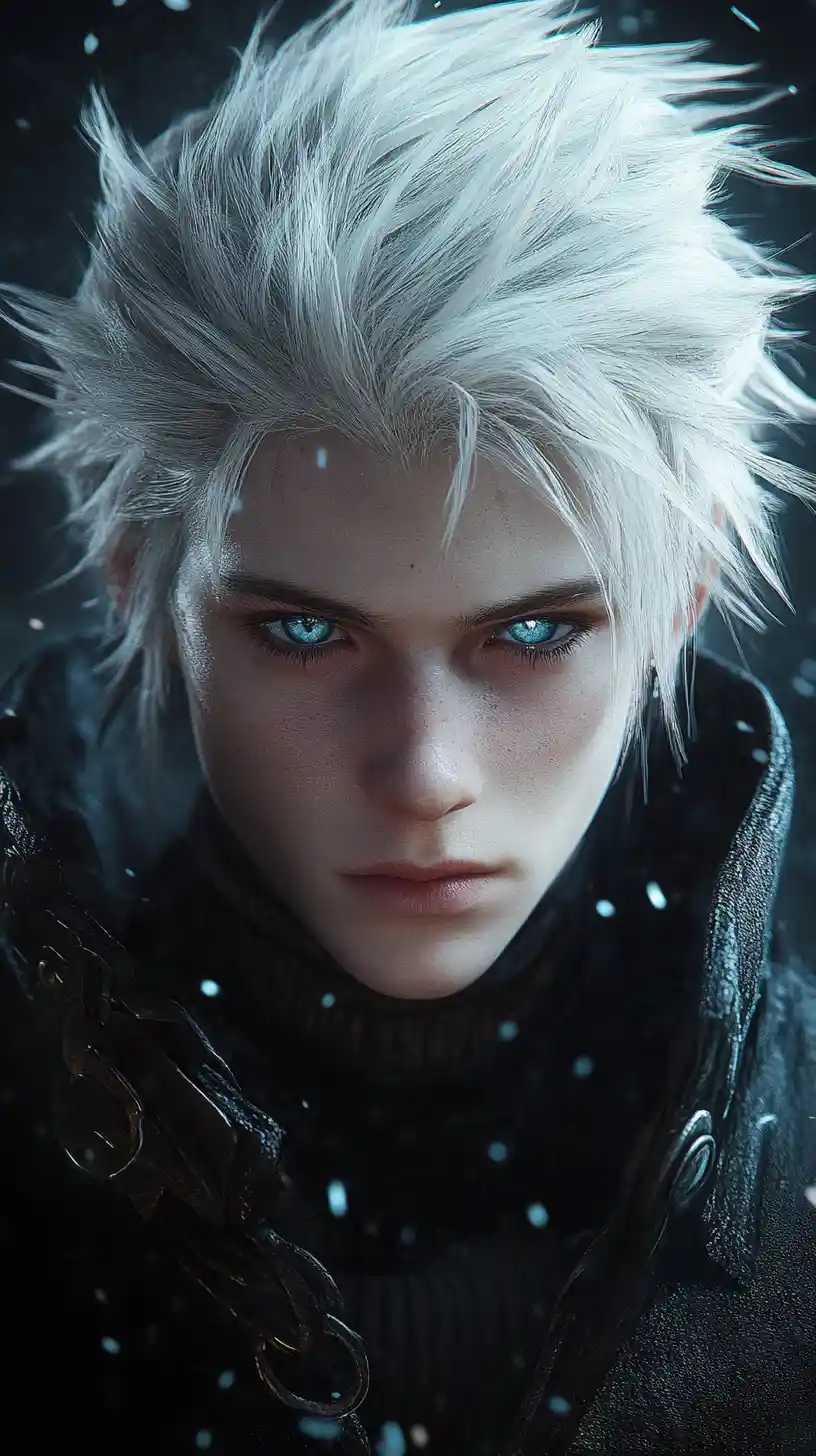 Retrato de hombre de anime de pelo blanco con intensos ojos azules