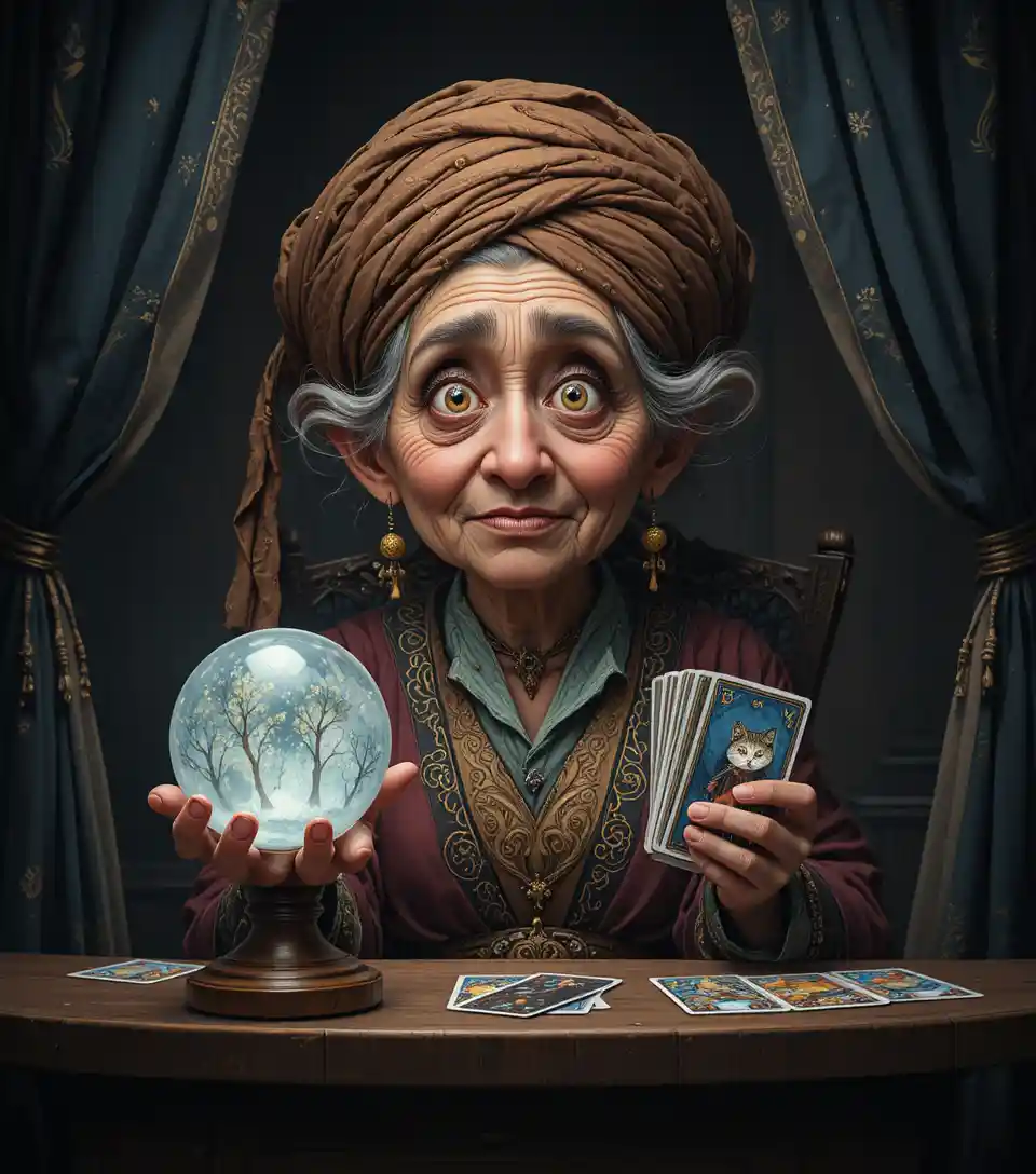 Whimsical Elderly Fortune Teller In A Dim Mystic Booth