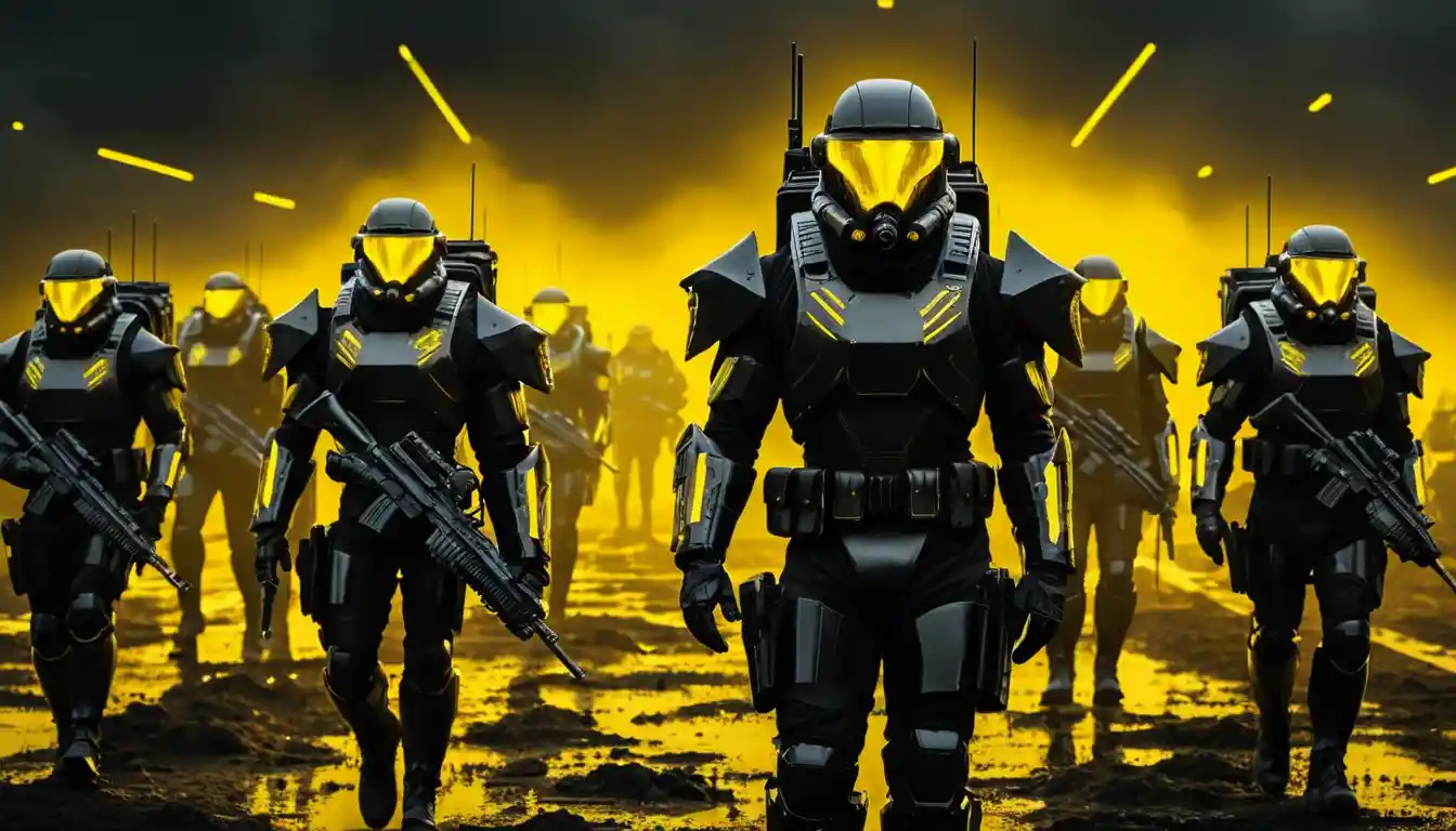 Futuristic army of armored super soldiers marching at night