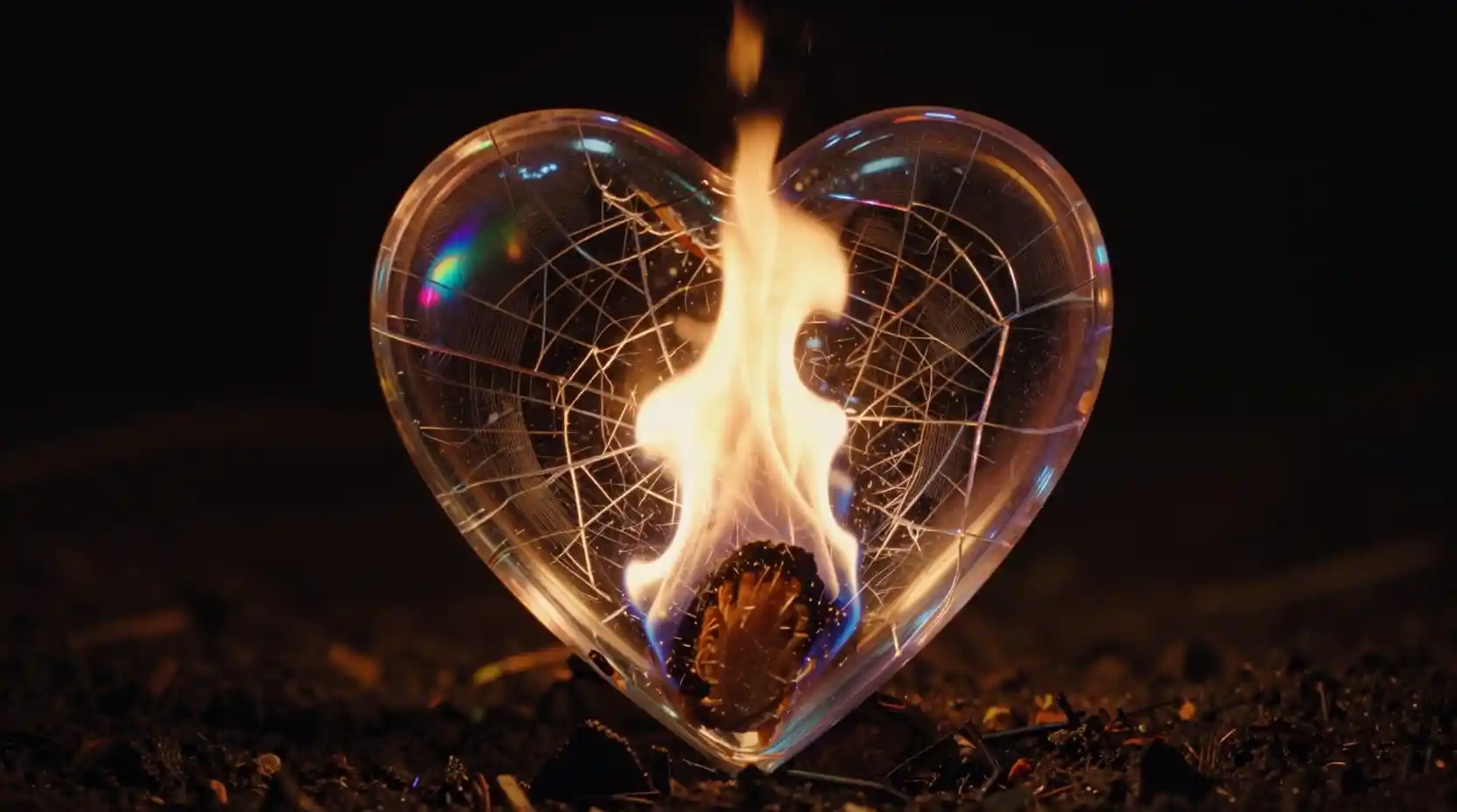 Cuore di vetro infuocato che brilla contro una profonda oscurità d’ossidiana