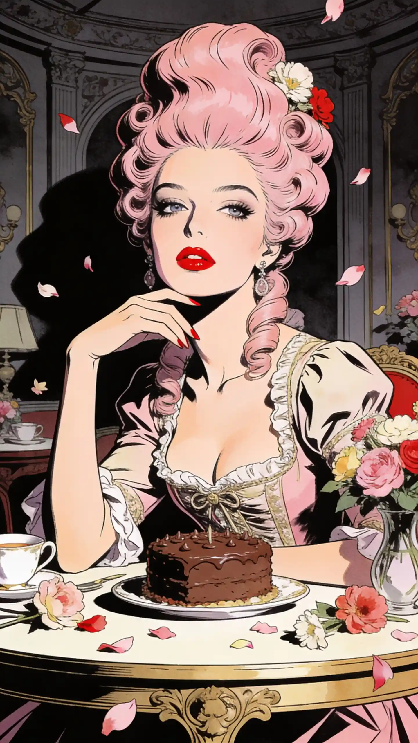 Close up portrait of a whimsical rococo woman in tea room