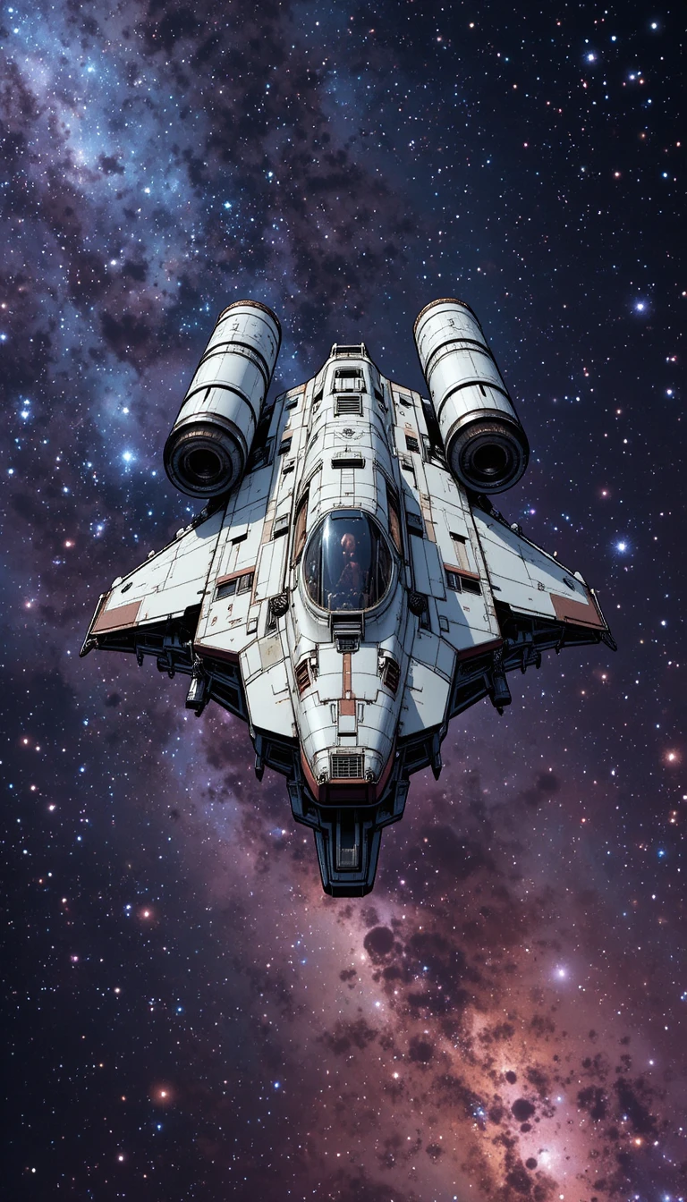 Futuristic starship cruising before a vast glowing galaxy