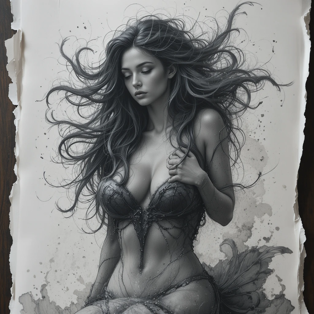Charcoal mermaid portrait blending into vivid reality