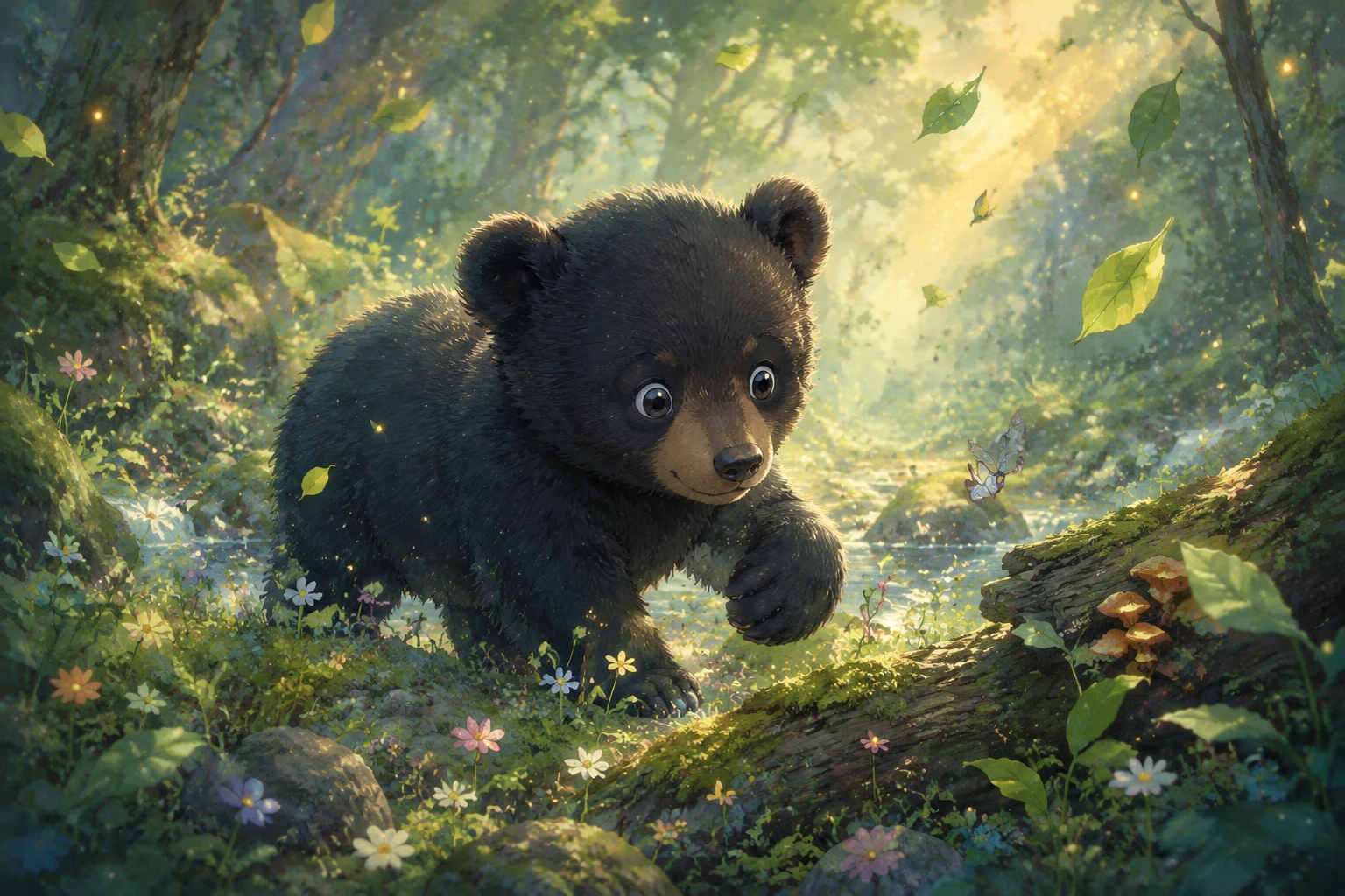 Baby bear cub exploring a sunlit hand drawn forest