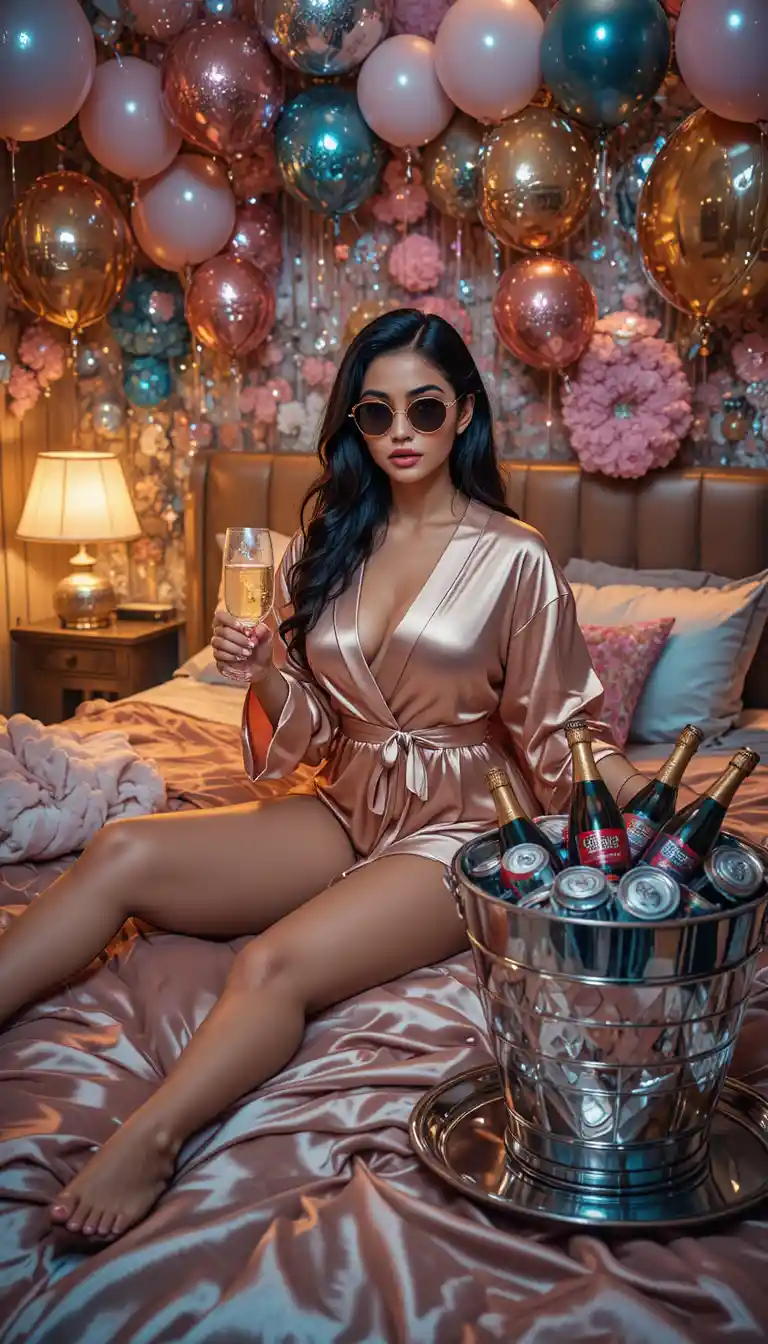 Glamorous woman posing in a fake luxury motel room