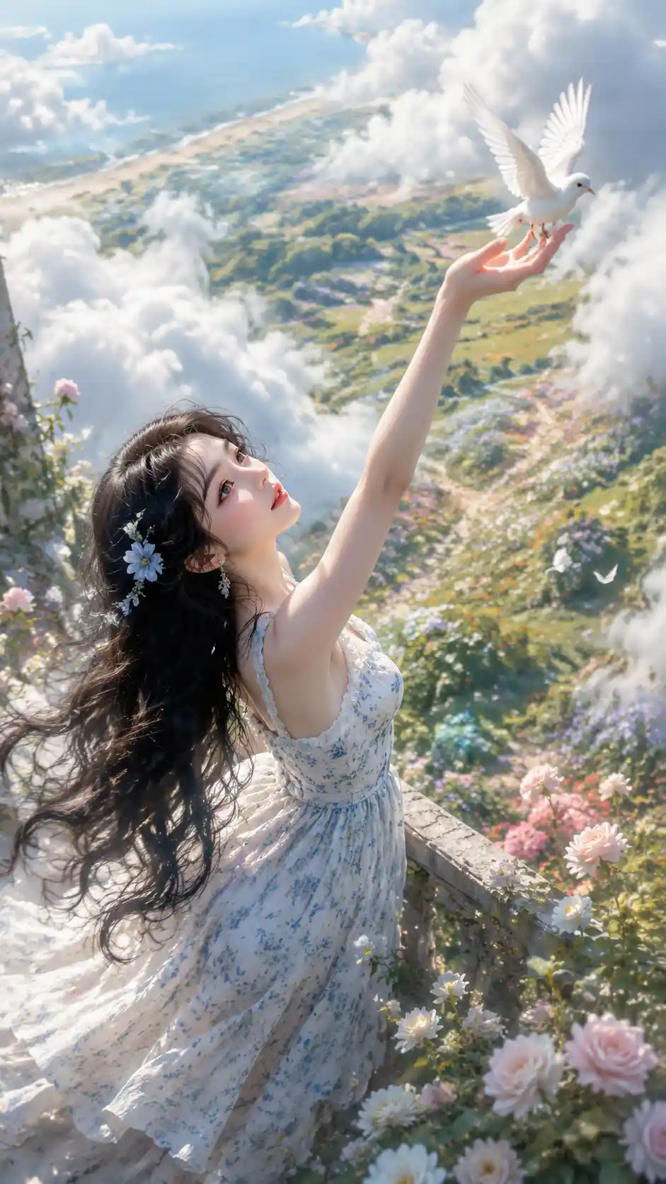 Girl in summer dress releasing a bird into the sky