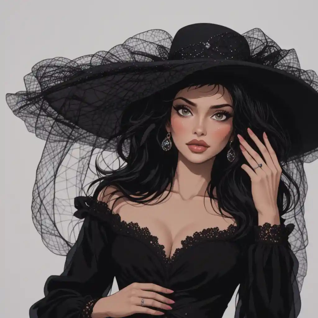 Woman in black dress and veil hat against bright background