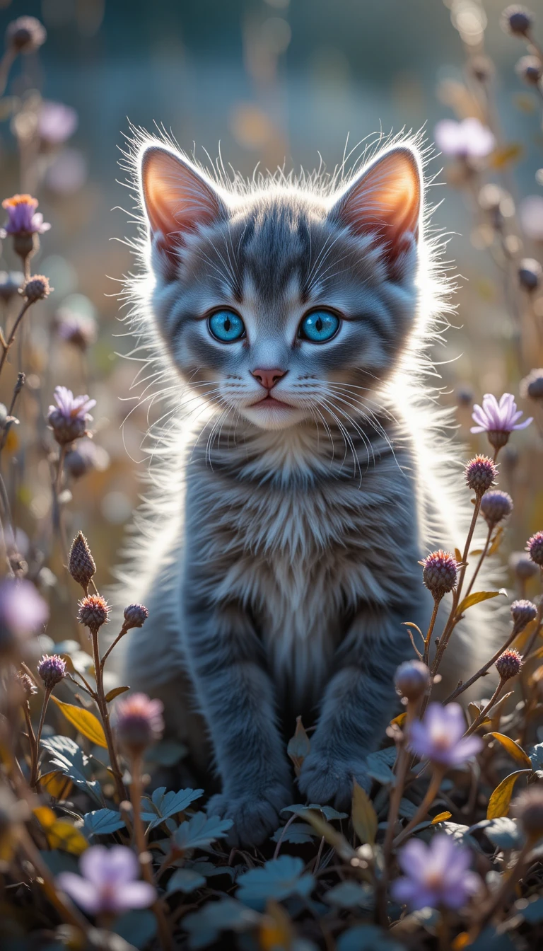 Kitten Among Dry Flowers And Grass In Warm Sunlight