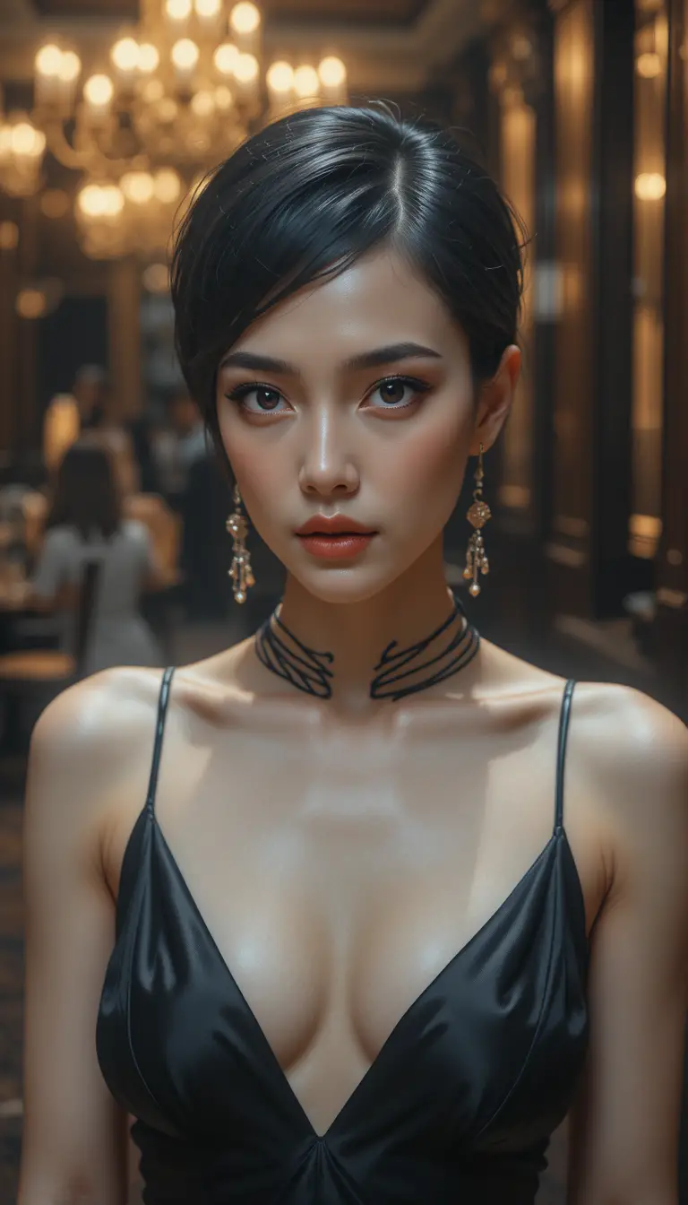 Elegant woman in black silk dress at luxury cocktail bar