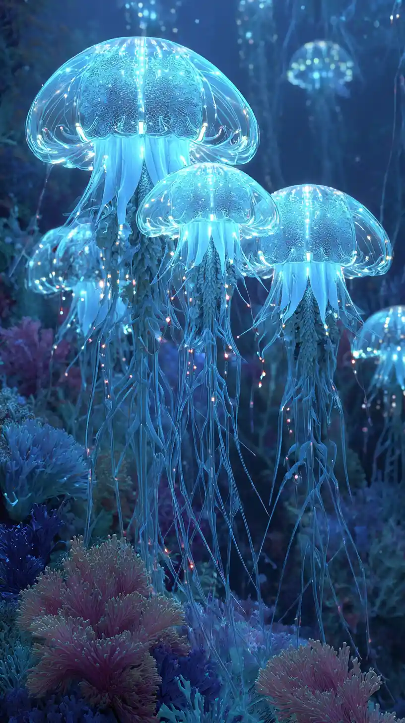 Futuristic Underwater Jellyfish In Neon Coral Garden