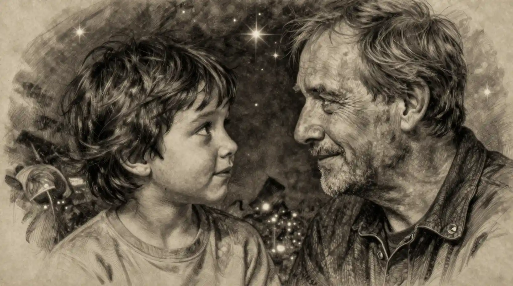 Dual portrait of child and older man in cinematic light