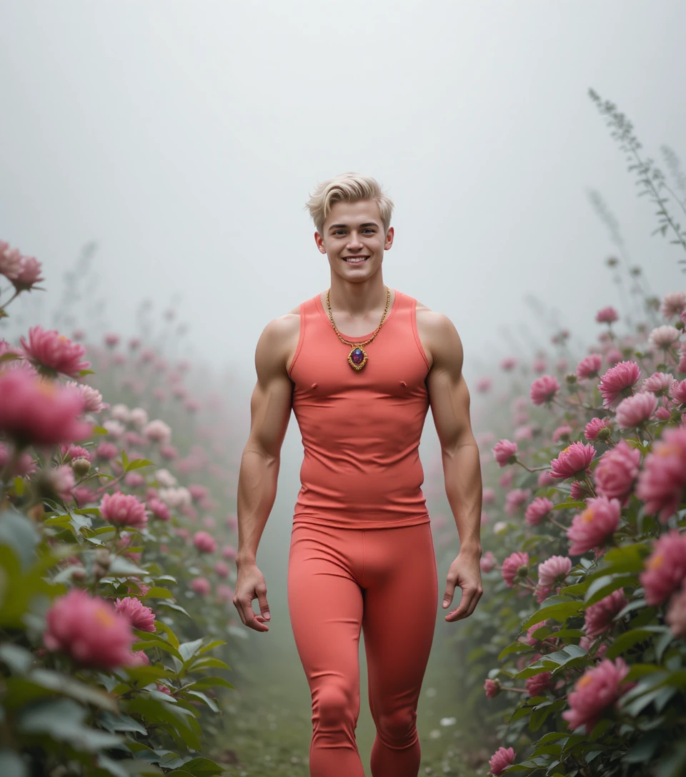 Joyful blond young man walking through a summer field