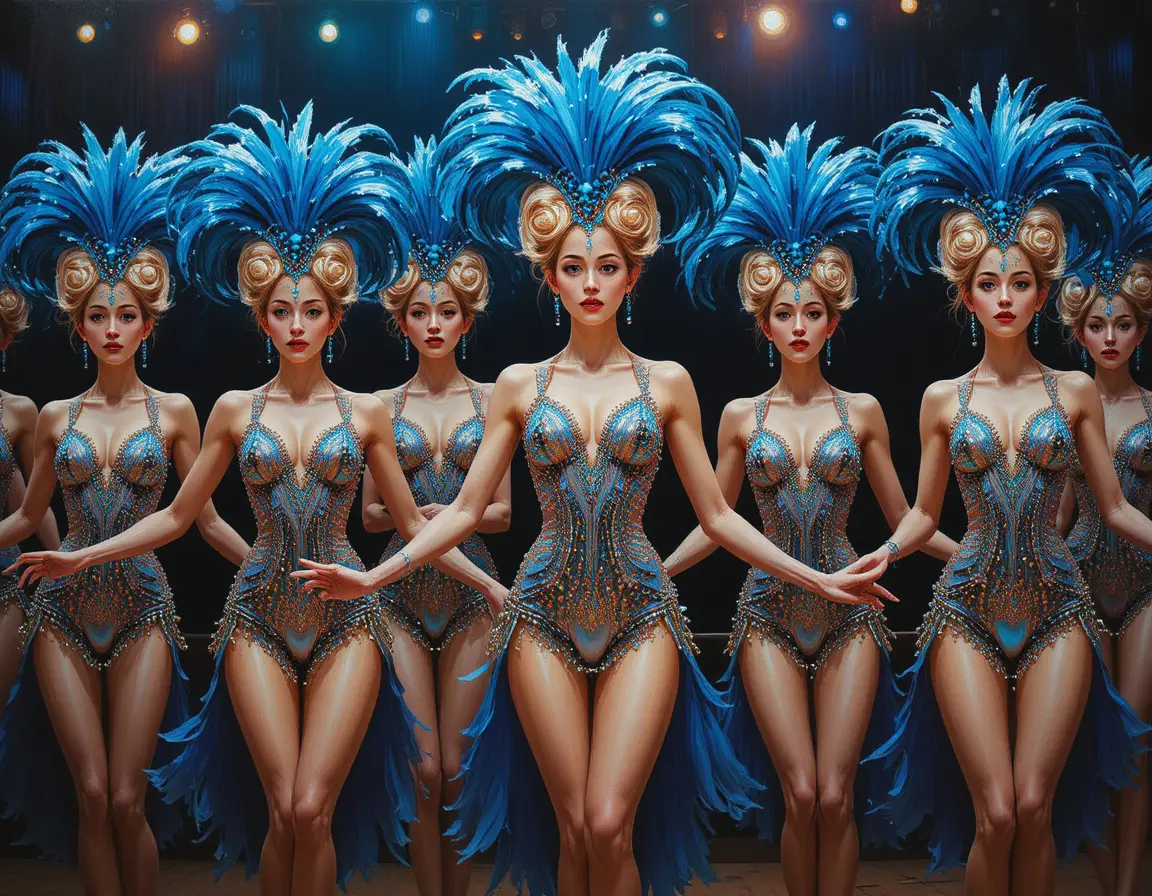Cabaret dancers in feathered headdresses performing on stage