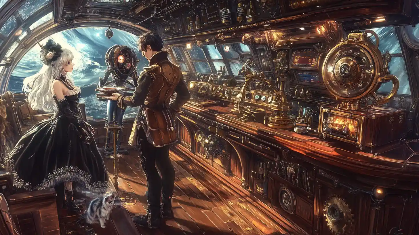 Ponte di aeronave steampunk con capitano, equipaggio e automa di ottone
