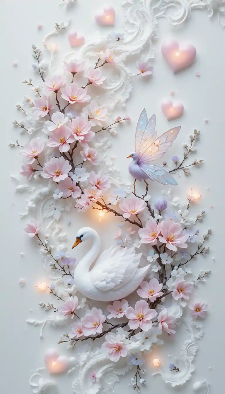 Elegant swan with flowers and glowing hearts on white background