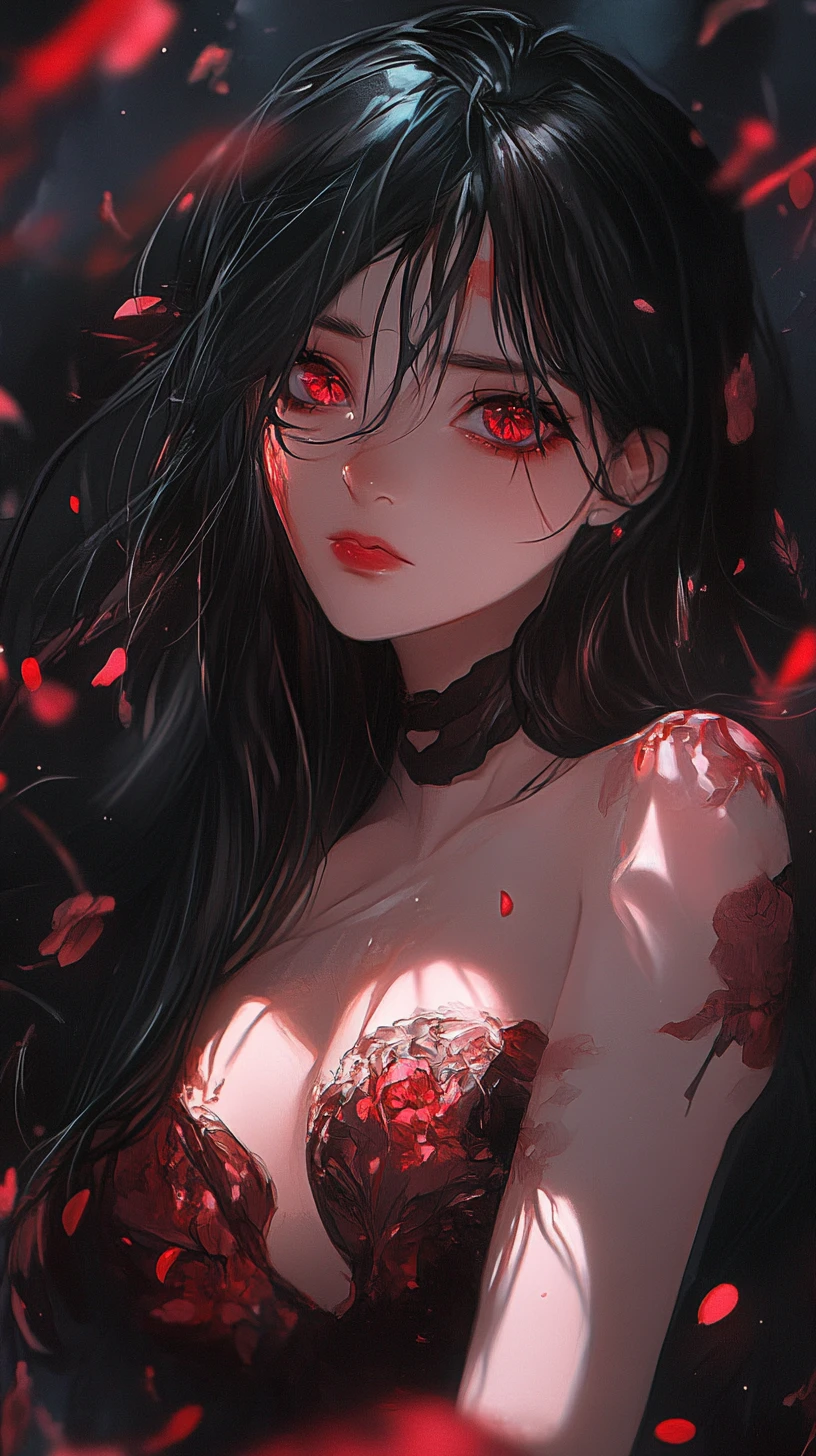 Anime girl portrait with glowing red magical tattoos