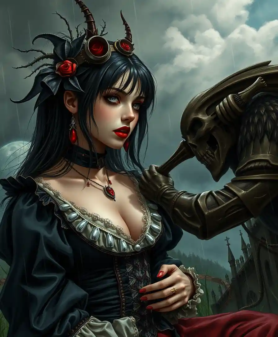 Gothic girl beneath heavy clouds facing a looming snatcher