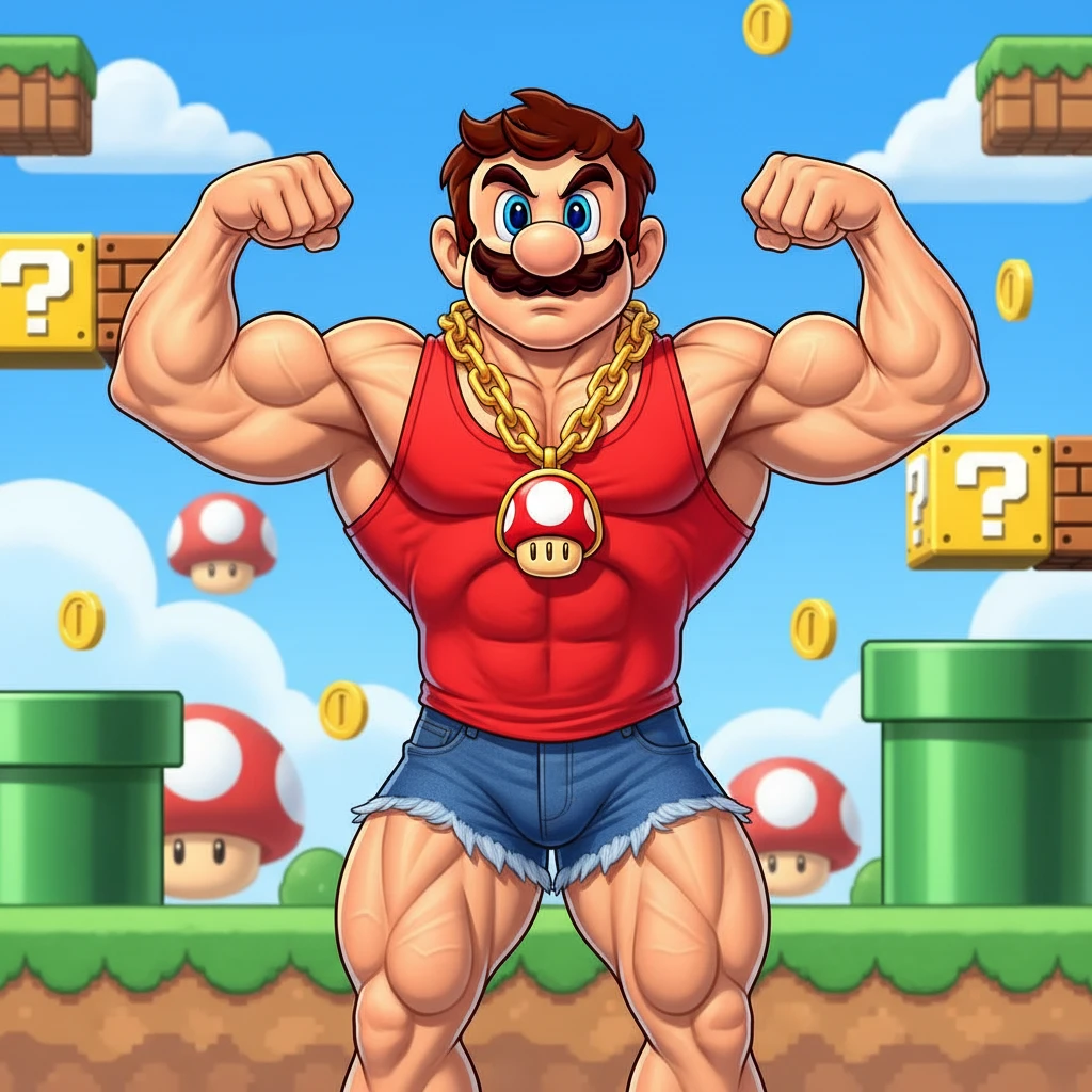 Muscular Mario Style Man Flexing In Colorful Game World