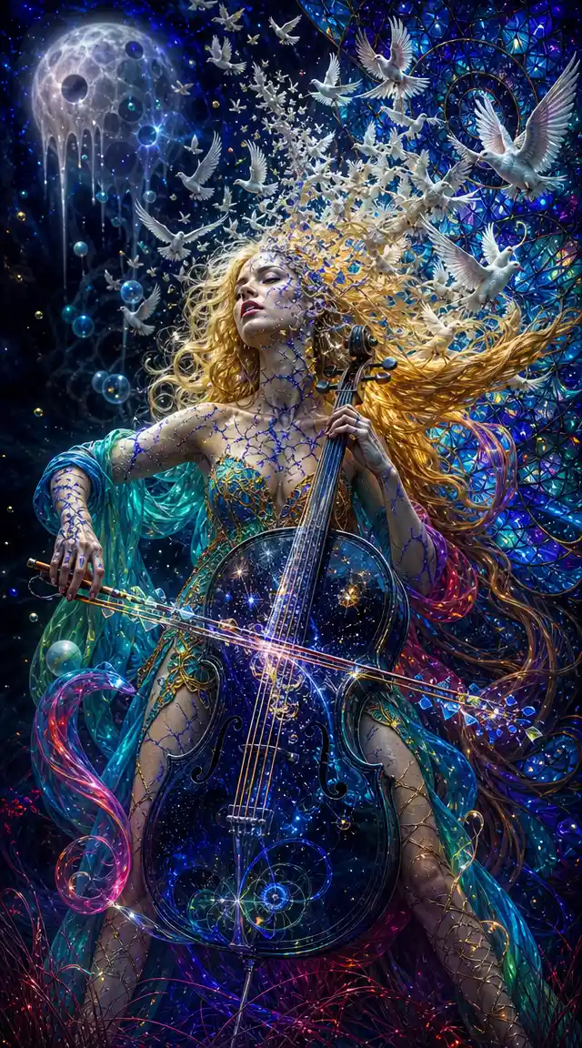 Surreal woman dissolving into doves and celestial light