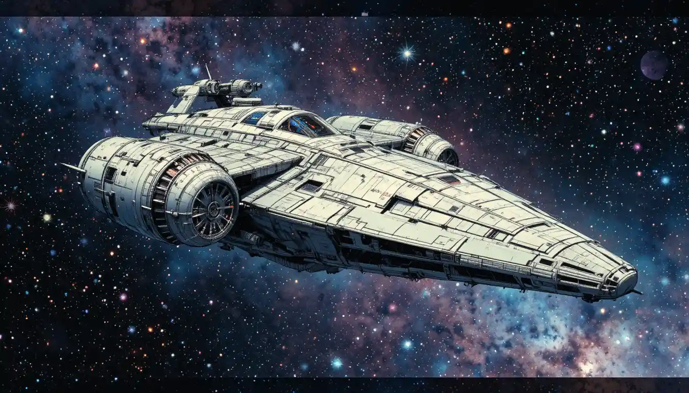 Sleek sci fi starship against a vast starry galaxy