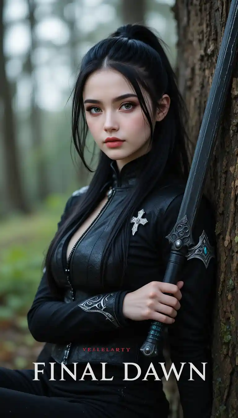 Young woman with black sword leaning against a tree