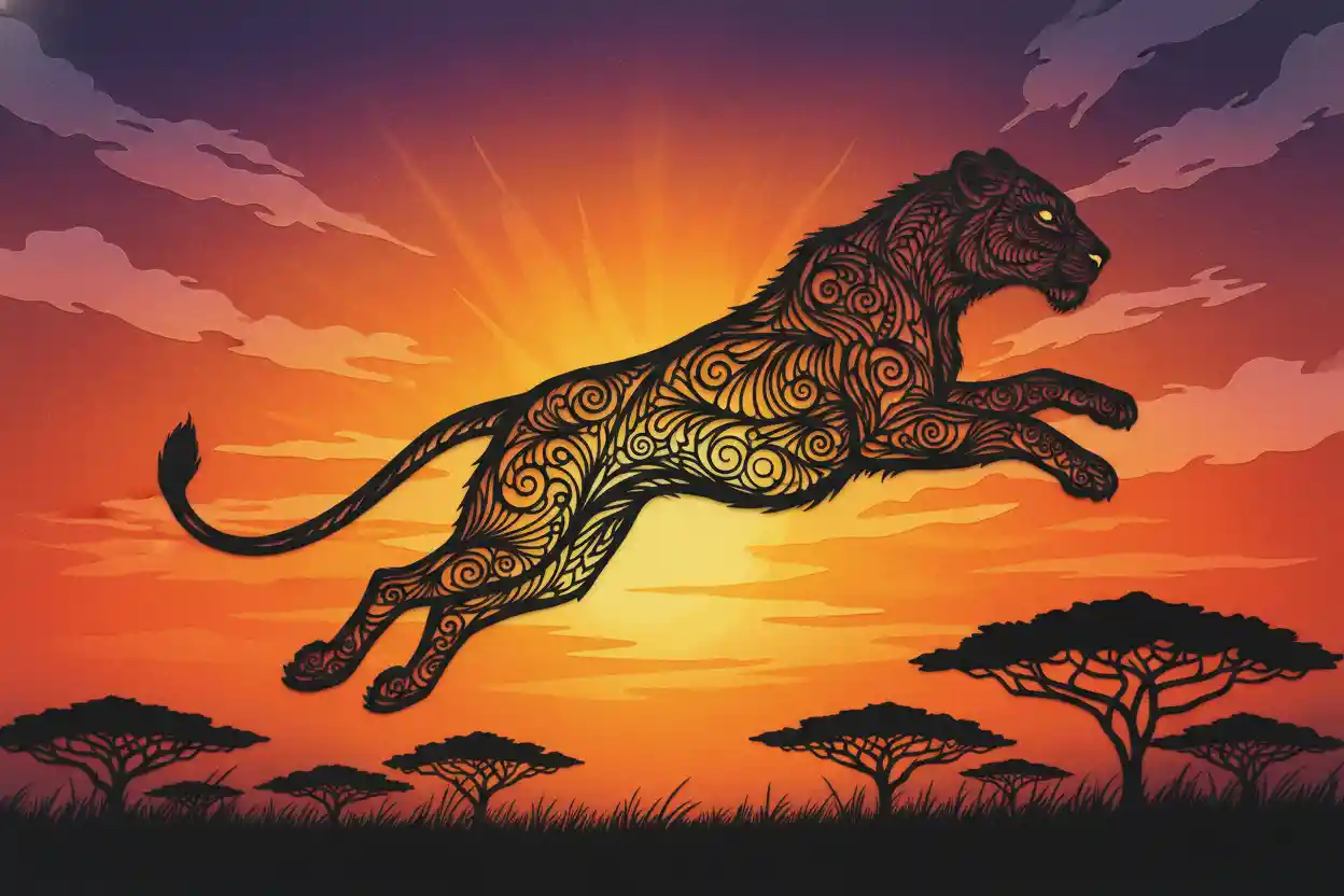 Leaping lioness papercut silhouette against vivid savanna sunset