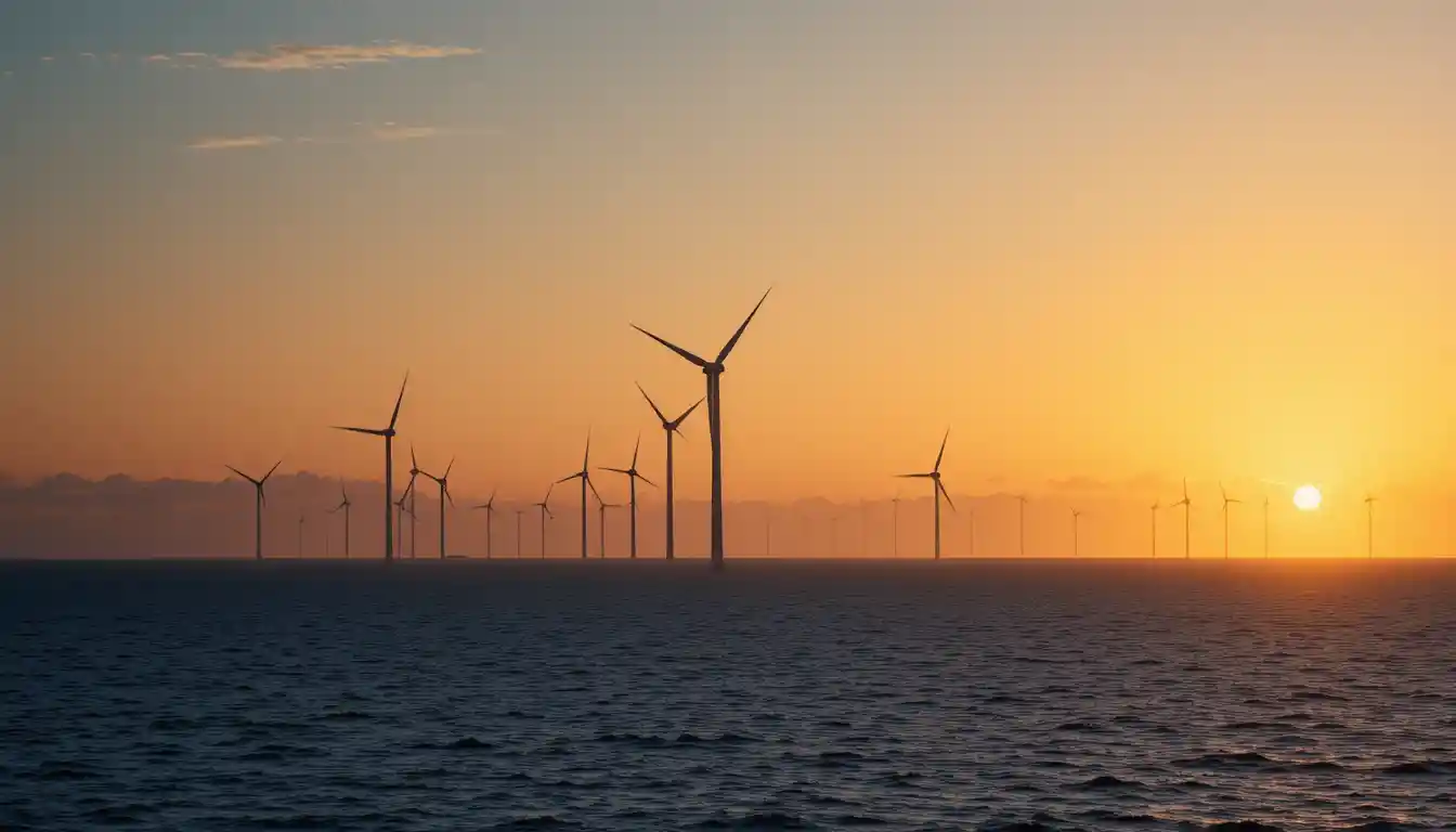 Offshore wind farm silhouetted against glowing sunset sky