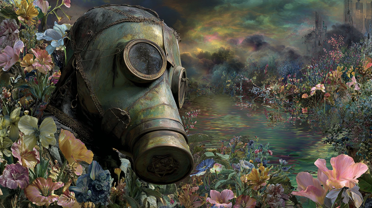 Surreal humanoid in gas mask in toxic dystopian landscape
