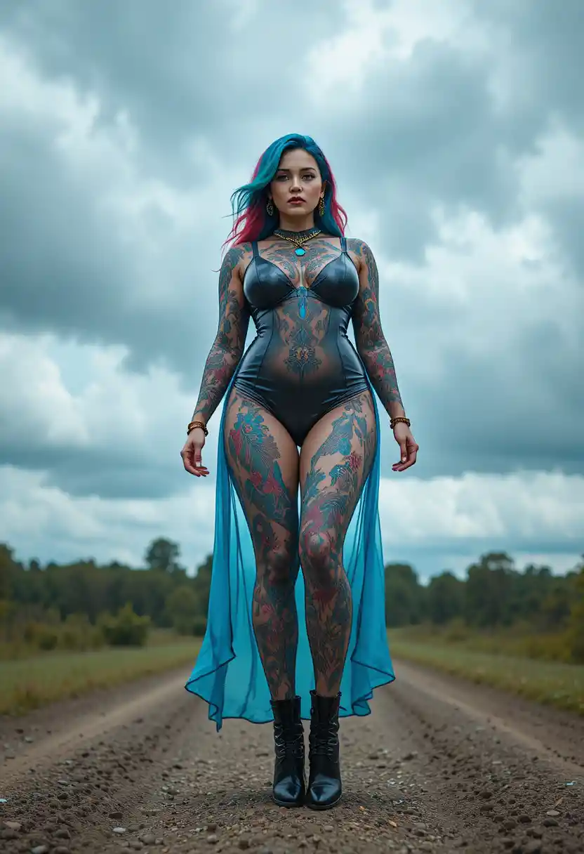 Tattooed woman in sheer latex dress under cloudy sky