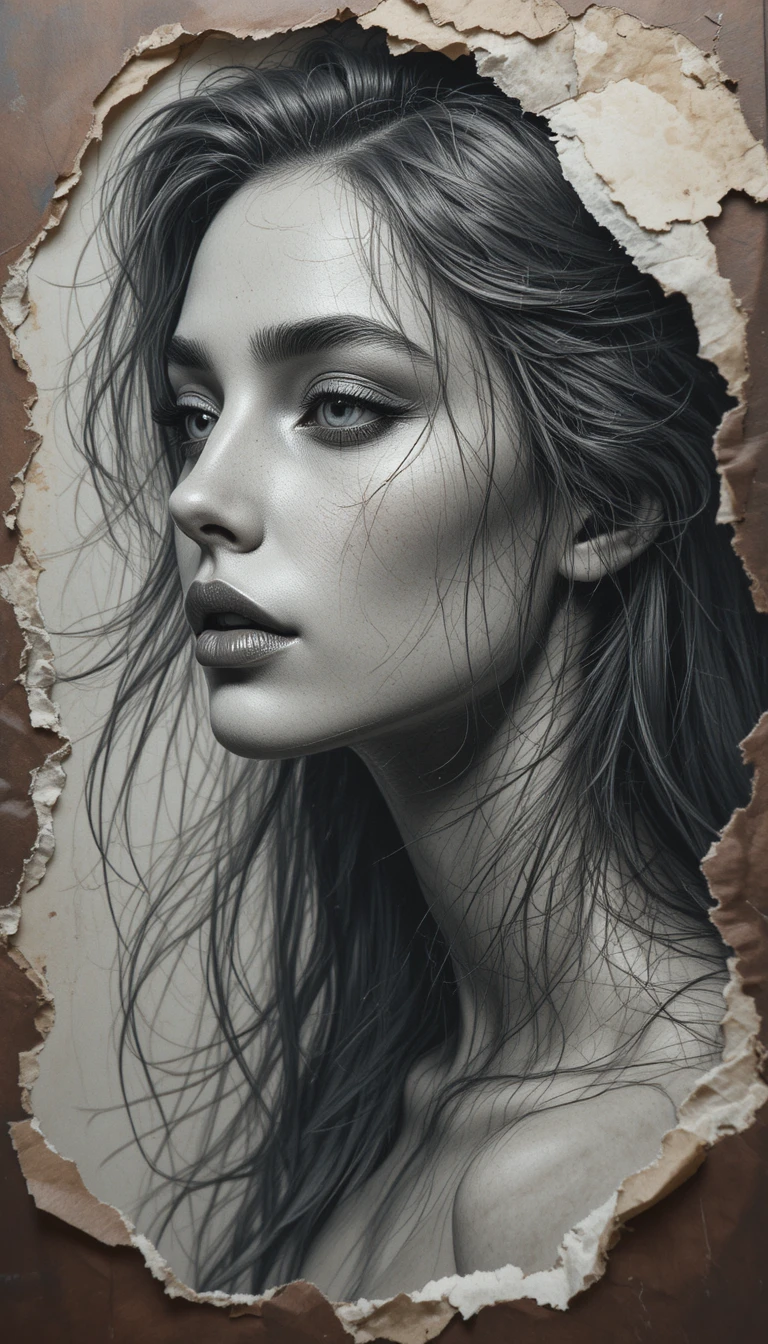 Charcoal mermaid portrait merging drawing and reality