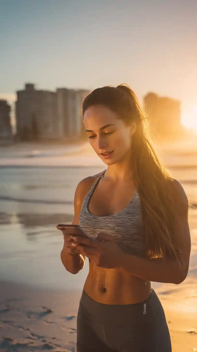 Athletic woman on the beach checking her phone at sunset