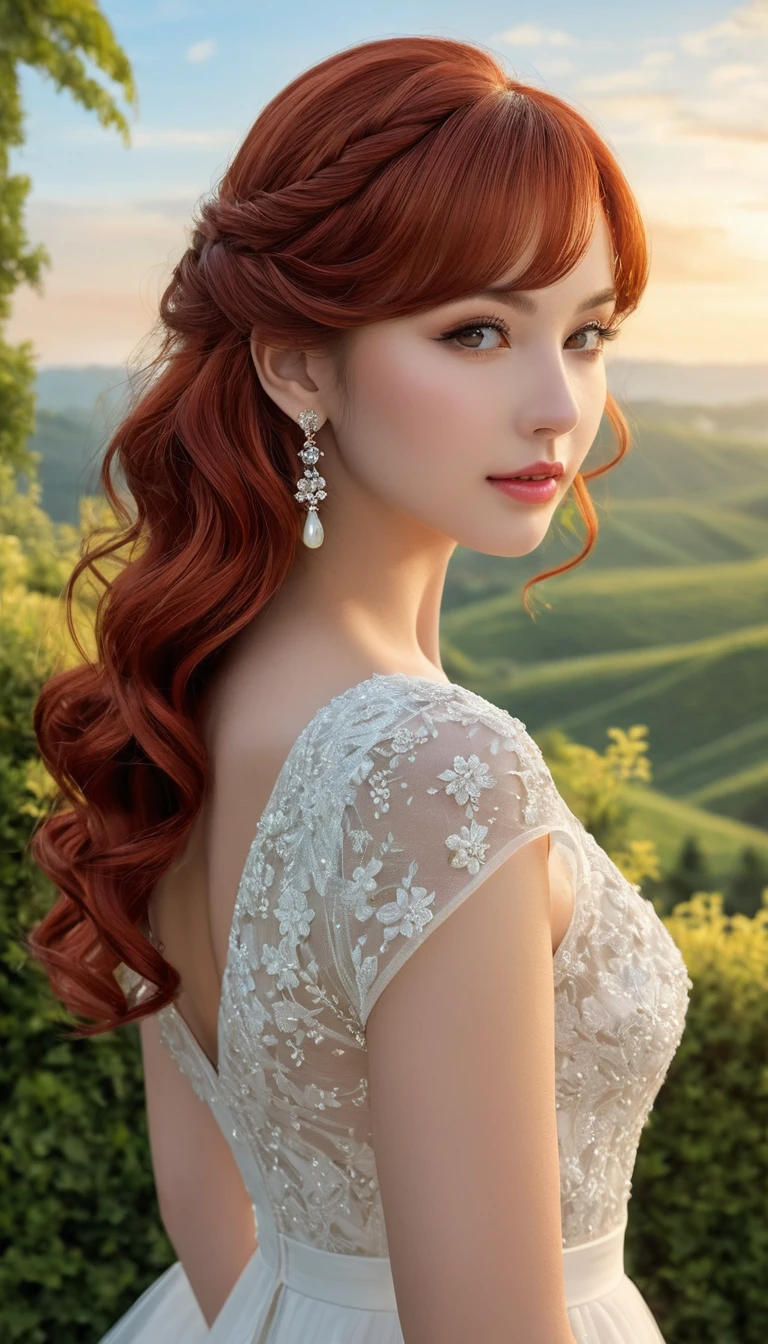 Anime girl standing outdoors at sunrise in flowing hair