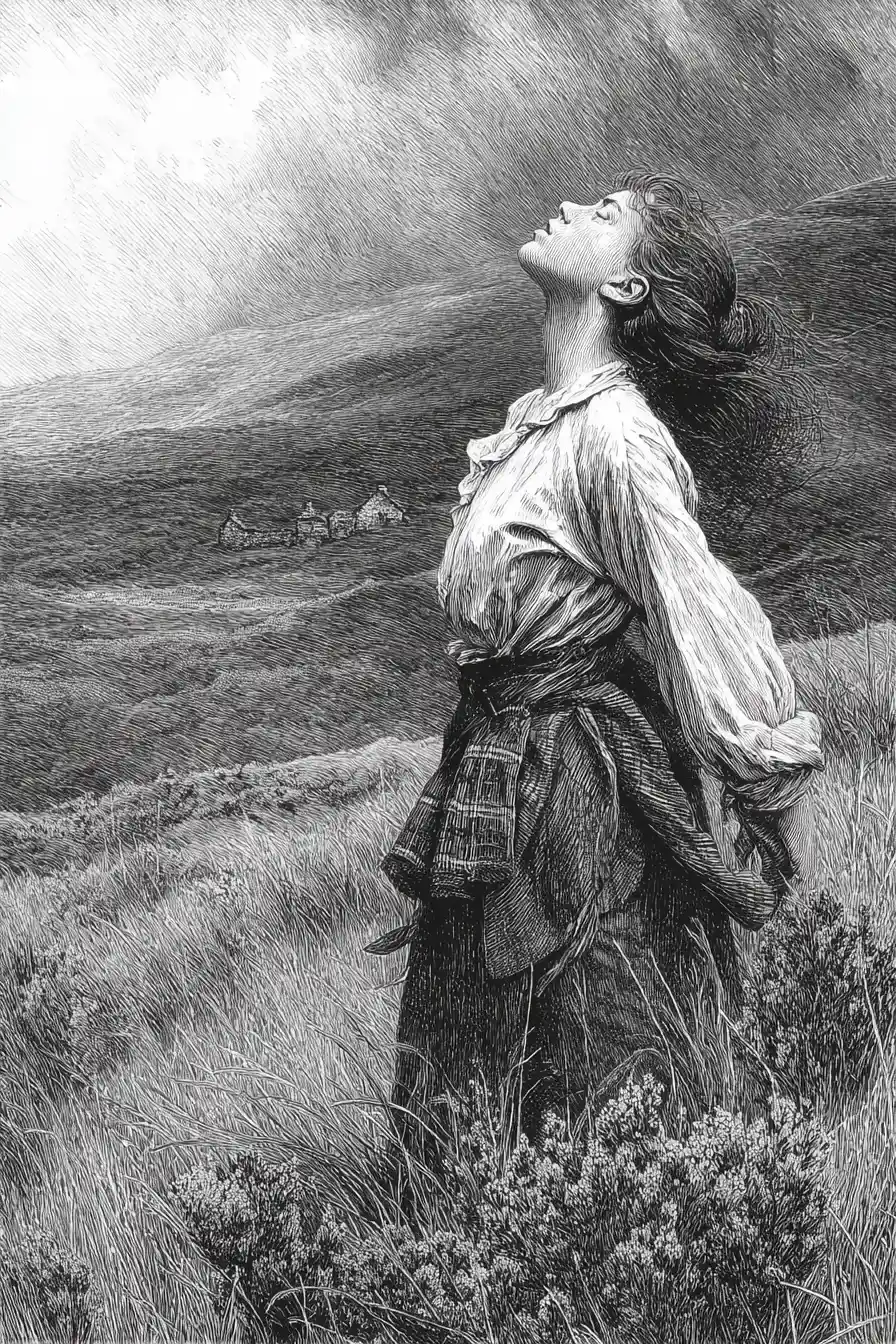 Highland girl with ear trumpet in windswept heather
